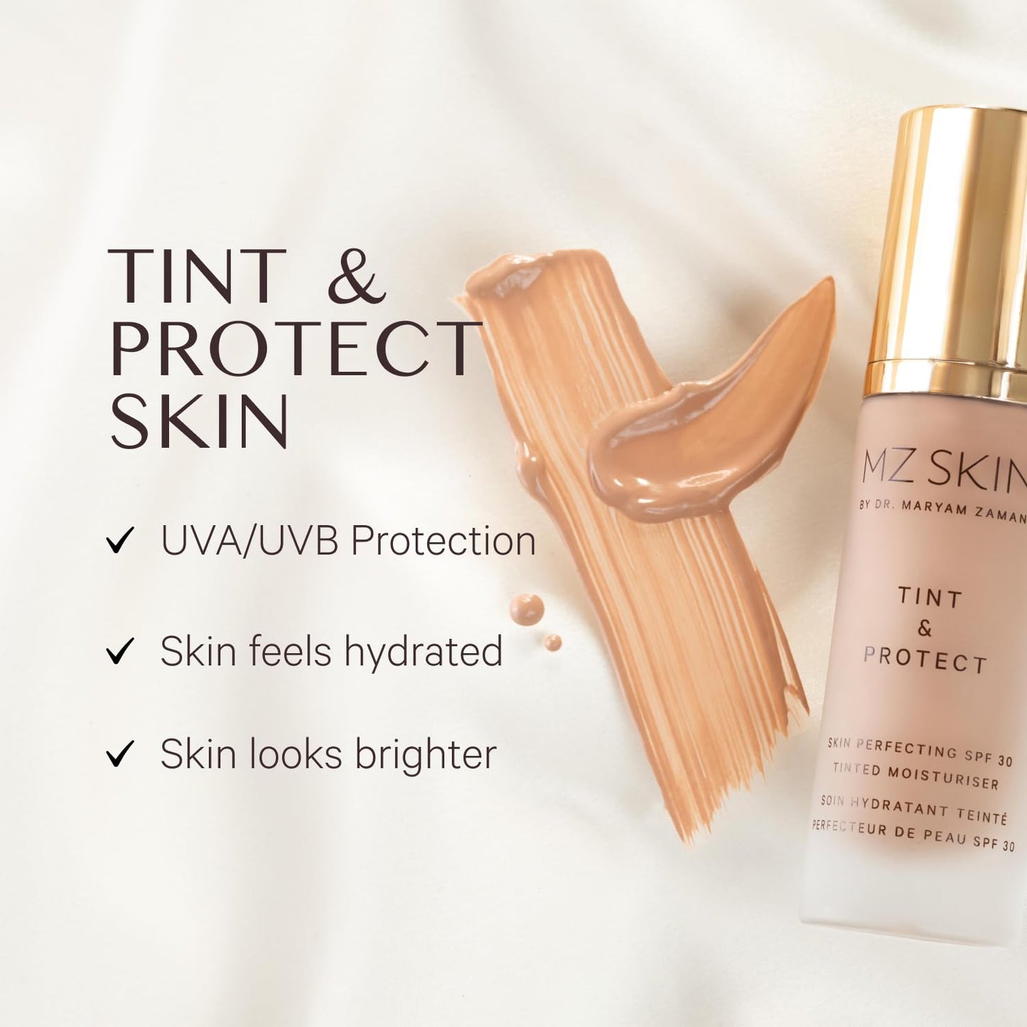 MZ SKIN Tint & Protect Skin Perfecting SPF 30 Tinted Moisturiser 1.01 fl oz | Broad Spectrum UVA/UVB | With Hyaluronic Acid, Kahai Nut Oil & Vitamin C