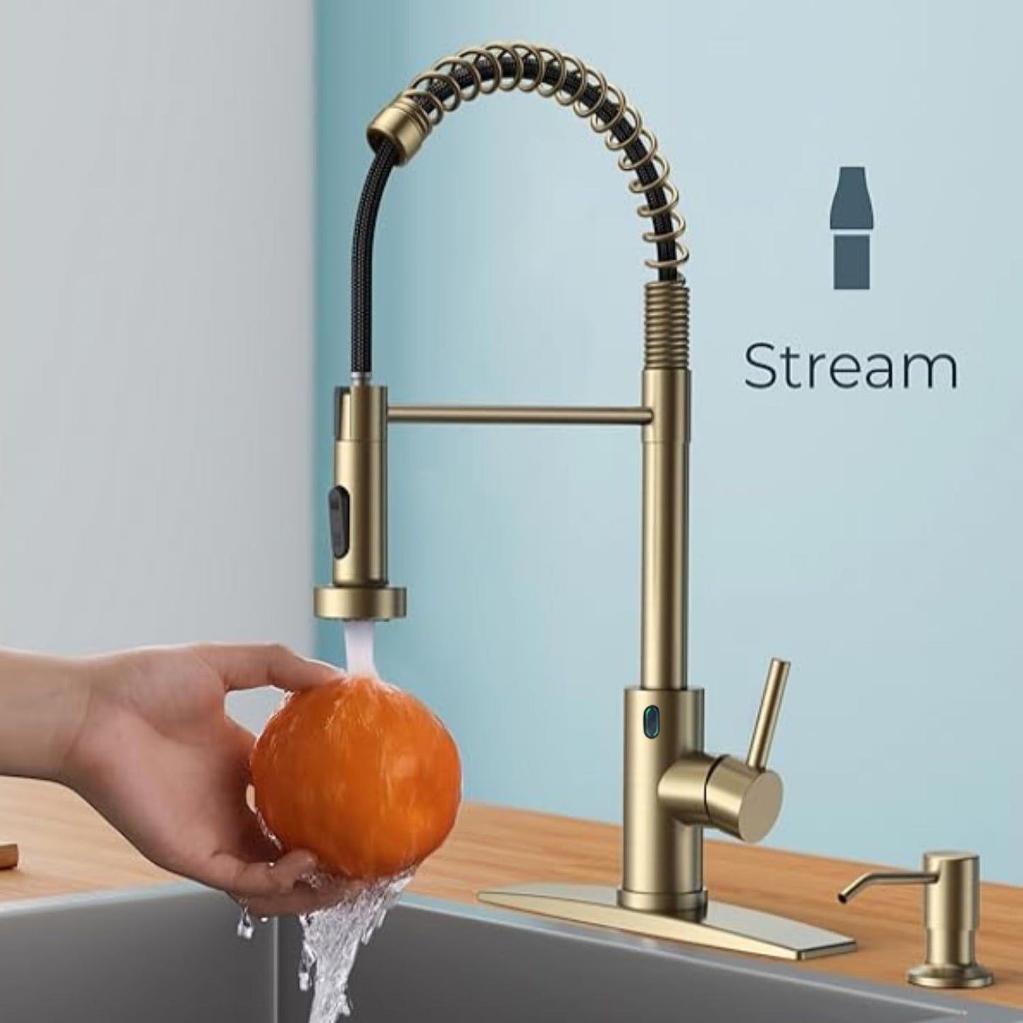 VIDEC Touch-Less Kitchen Faucet, 3 Modes Pull Down Sprayer, Sensor Activated, LED Temperature Control, 360-Degree Rotation, 1 or 3 Hole Deck Plate. 10-Year Warranty.(Matte Gold, KW-79J)