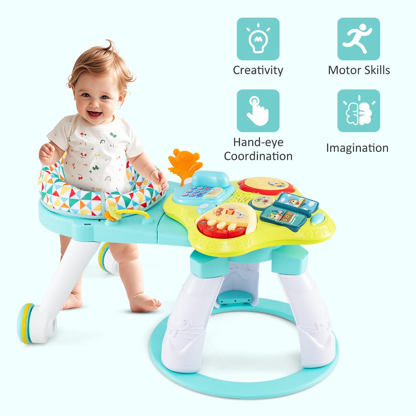 INFANS 3 in 1 Walk Around Baby Activity Center, Baby Walker with Play Table, Wheels, Detachable Seat Cushion, 3 Adjustable Heights, Learning Toys for Boys Girls Aged 6-36 Months (Green)