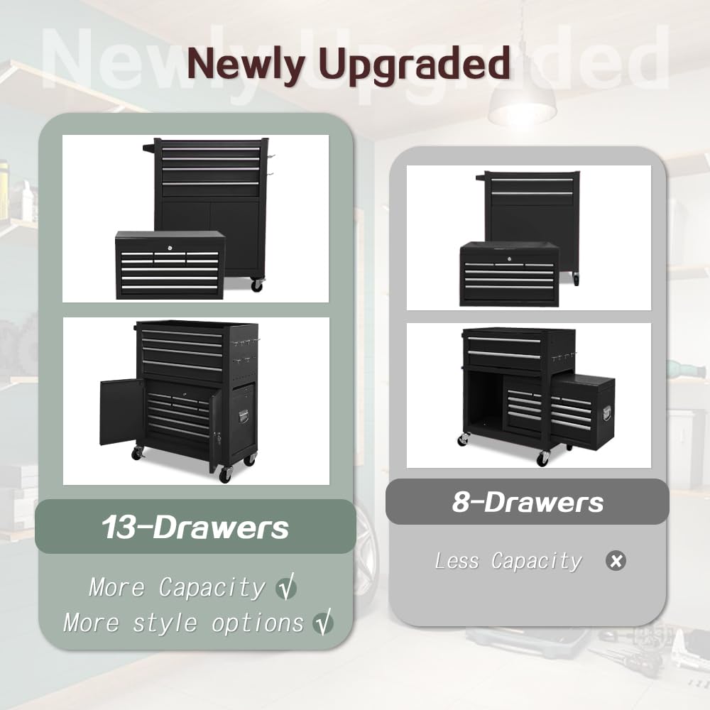 Tool Chest 13-Drawer with Double Door Handle,2 in 1 Detachable Rolling Tool Chests with Wheels and Drawers,Large Tool Box with Lock (Black)