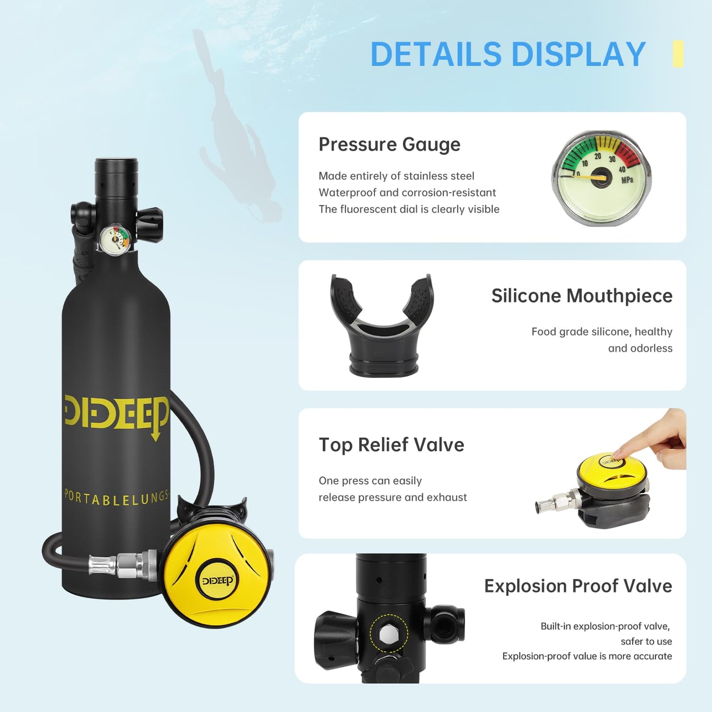 DIDEEP Scuba Tank 1L Capacity Mini Scuba Tank Support About 15-20 Minutes Underwater Breathing Portable Lung Tank with High Pressure Hand Pump for Emergency Rescue Underwater Exploration(Black)