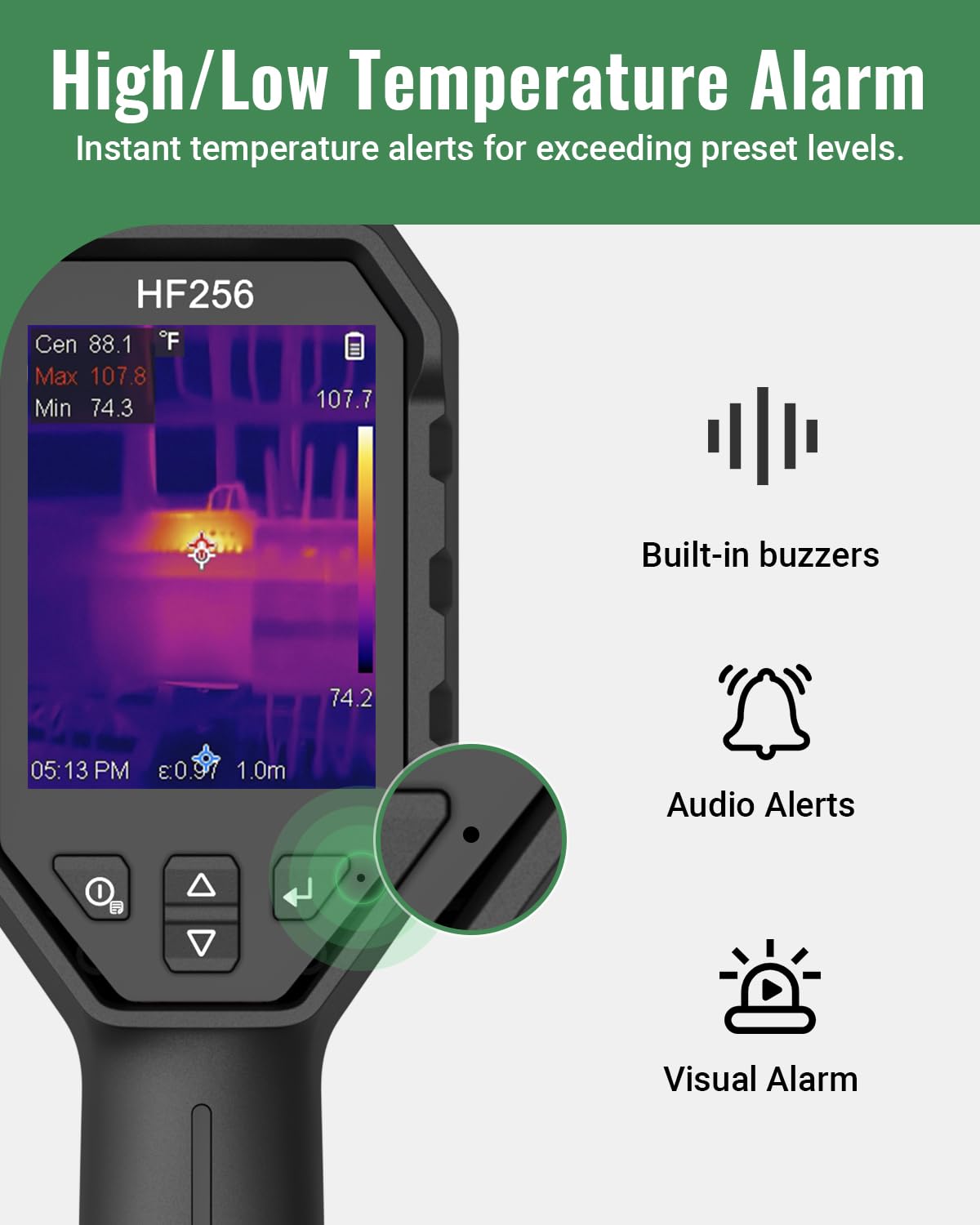 HF256 Thermal Imaging Camera, 256 x 192 IR Resolution, Super Resolution 320 x 240 Therma Camera, 3.2" LCD Screen, 25 Hz Frame Rate, High/Low-Temperature Alarm, 16 GB Storage Infrared Camera