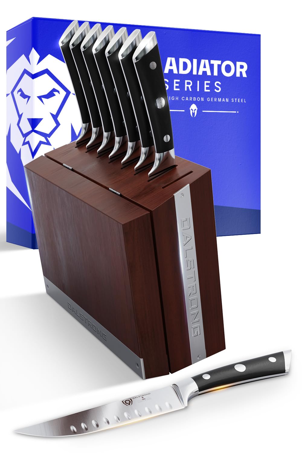 Dalstrong Steak Knife Set - 8 Piece - 5 inch Straight Edge Blade - Gladiator Series Elite - Forged High-Carbon German Steel Dinner Kitchen Knife - Black G10 Handle - Folding Block Set - NSF Certified