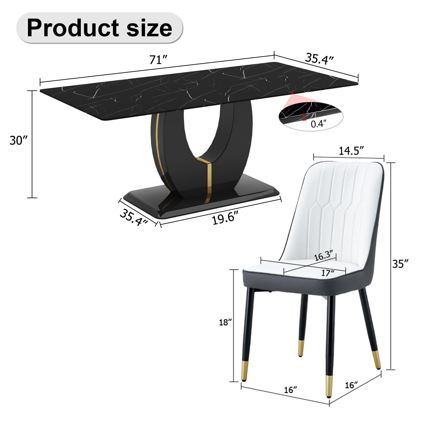 JUFU Dining Table Set for 8 with Chairs, 71'' Black Rectangular Marble Dining Room Table for 8 with 007 White and Gray PU Leather Chairs, Modern Dining Table for 8-10 eople, Ideal for Dining Room