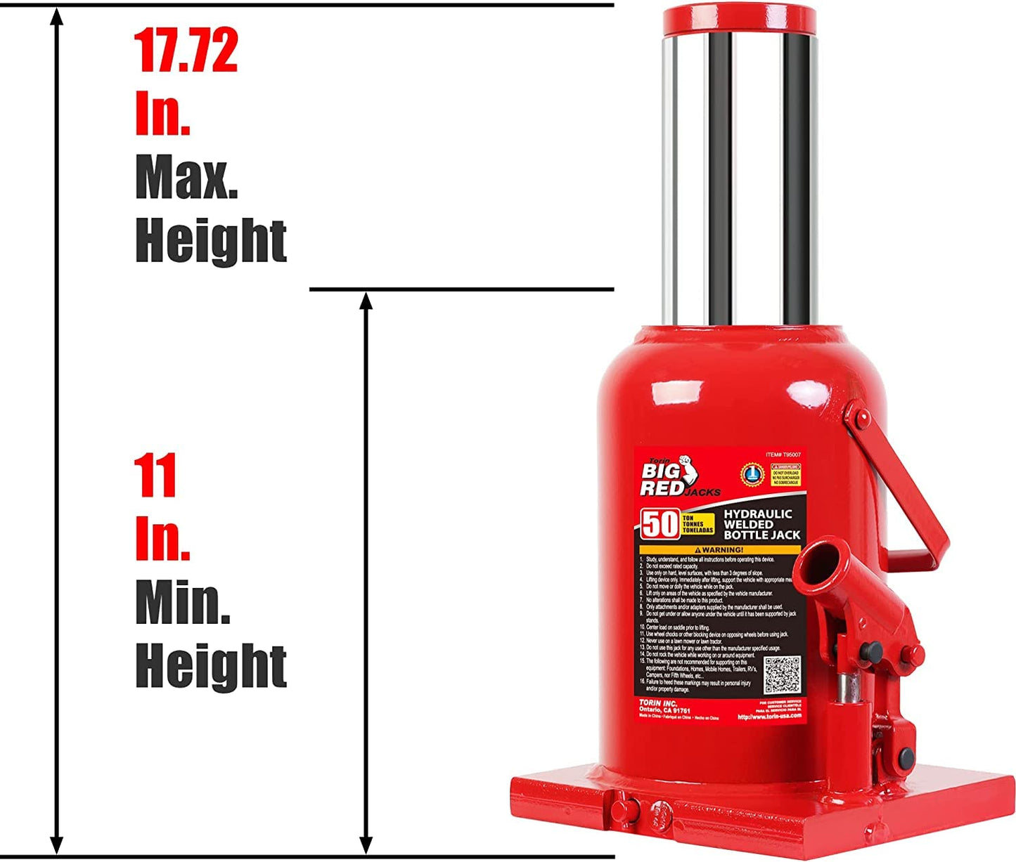 BIG RED 50 Ton (100,000 LBs) Torin Welded Hydraulic Car Bottle Jack for Auto Repair and House Lift, Red, TAM95007