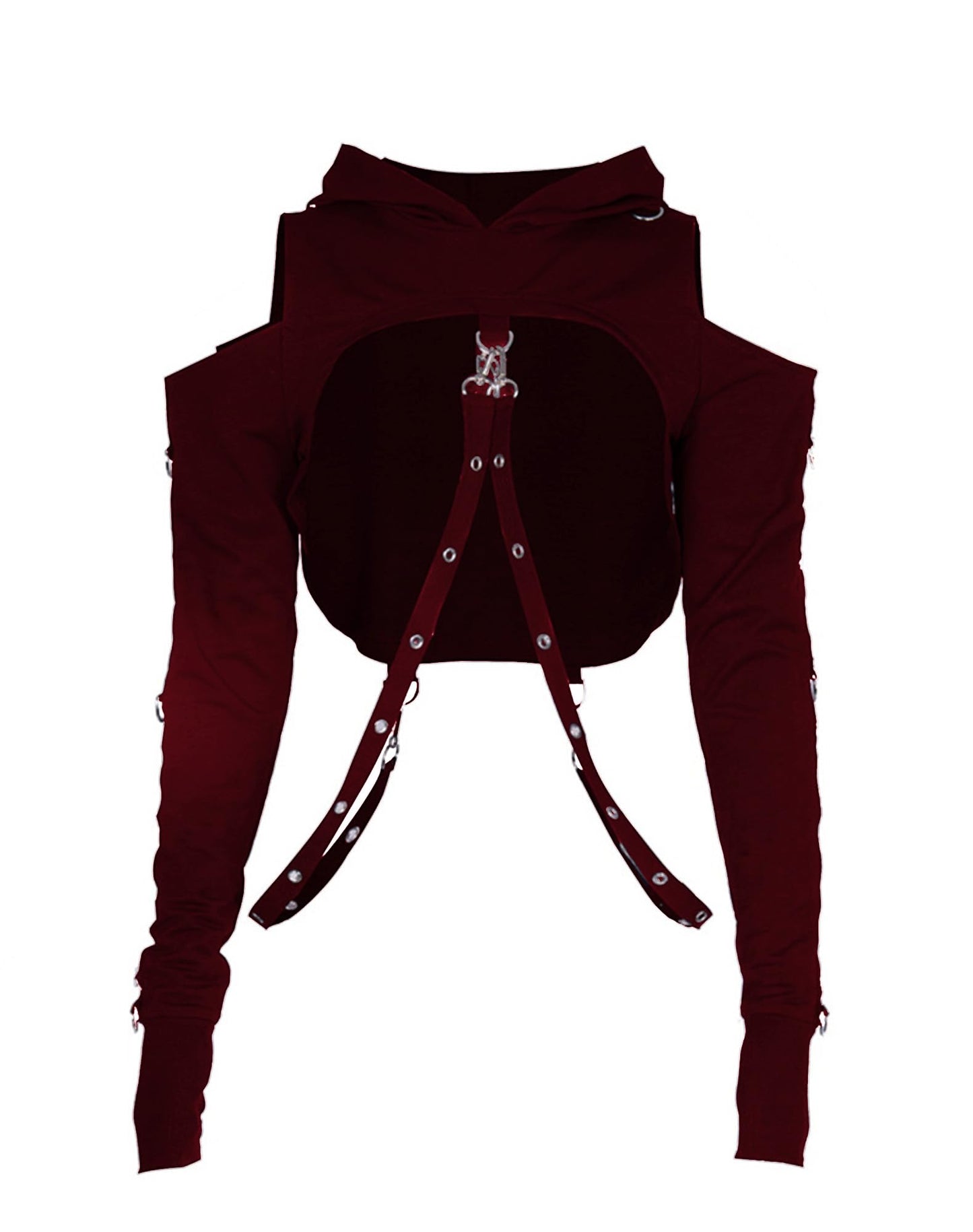 AULKEEP Gothic Punk Long Sleeve Cold Shoulder Hooded Crop Tops Buckle Strap Hoodie Sweatshirt
