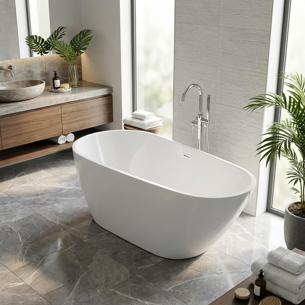 67"Freestanding Bathtub, Acrylic Deep Soaking Tub, Non-Slip Acrylic Tub with Chrome Overflow and Drain, CUPC Certified, Ergonomic Modern Bath for Bathrooms, Easy-Install