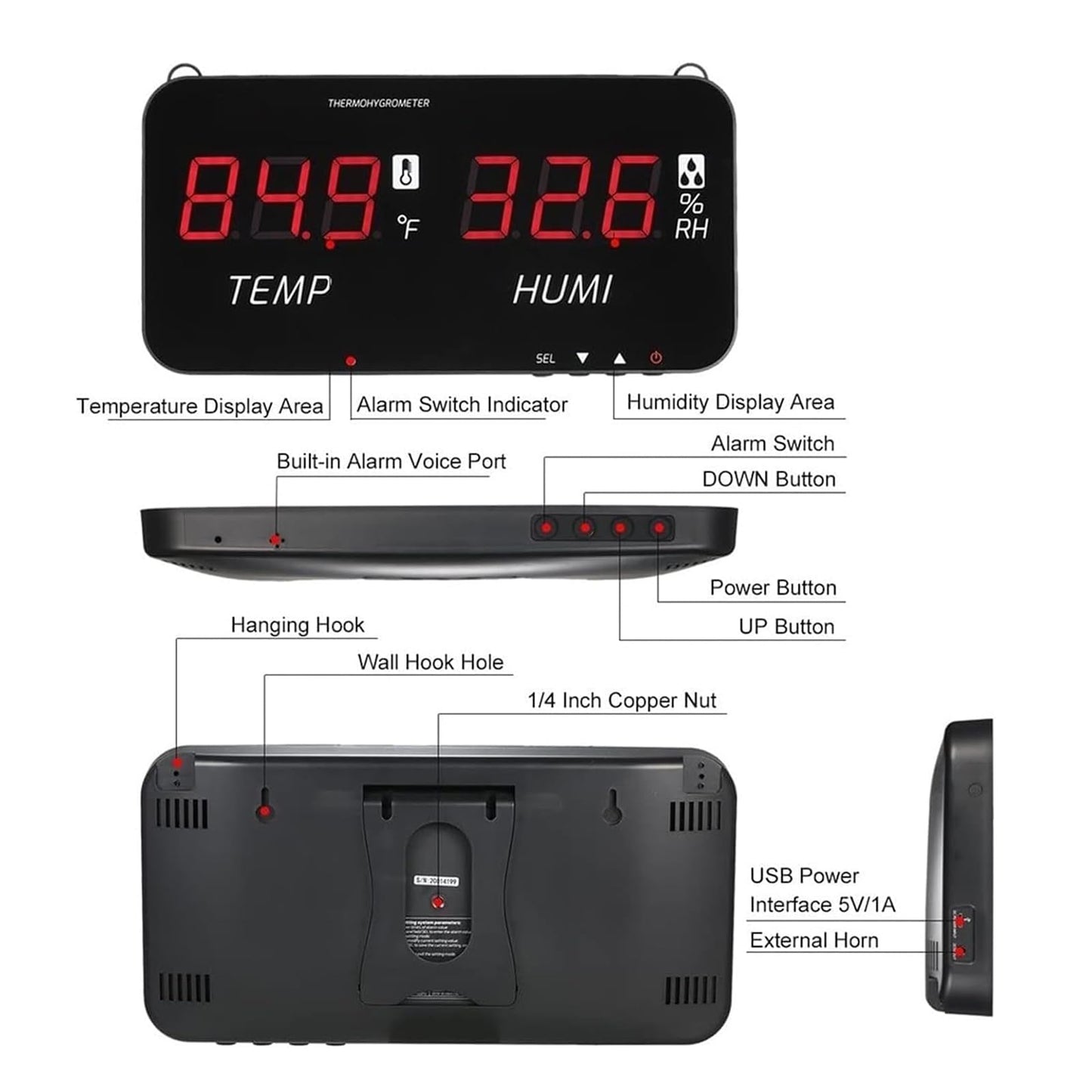 Temperature Humidity Meter, Wall-Mounted LCD Digital Thermometer with 5m Sensor & Alarm, Indoor/Industrial/Agricultural Use, Range -20 to 80℃