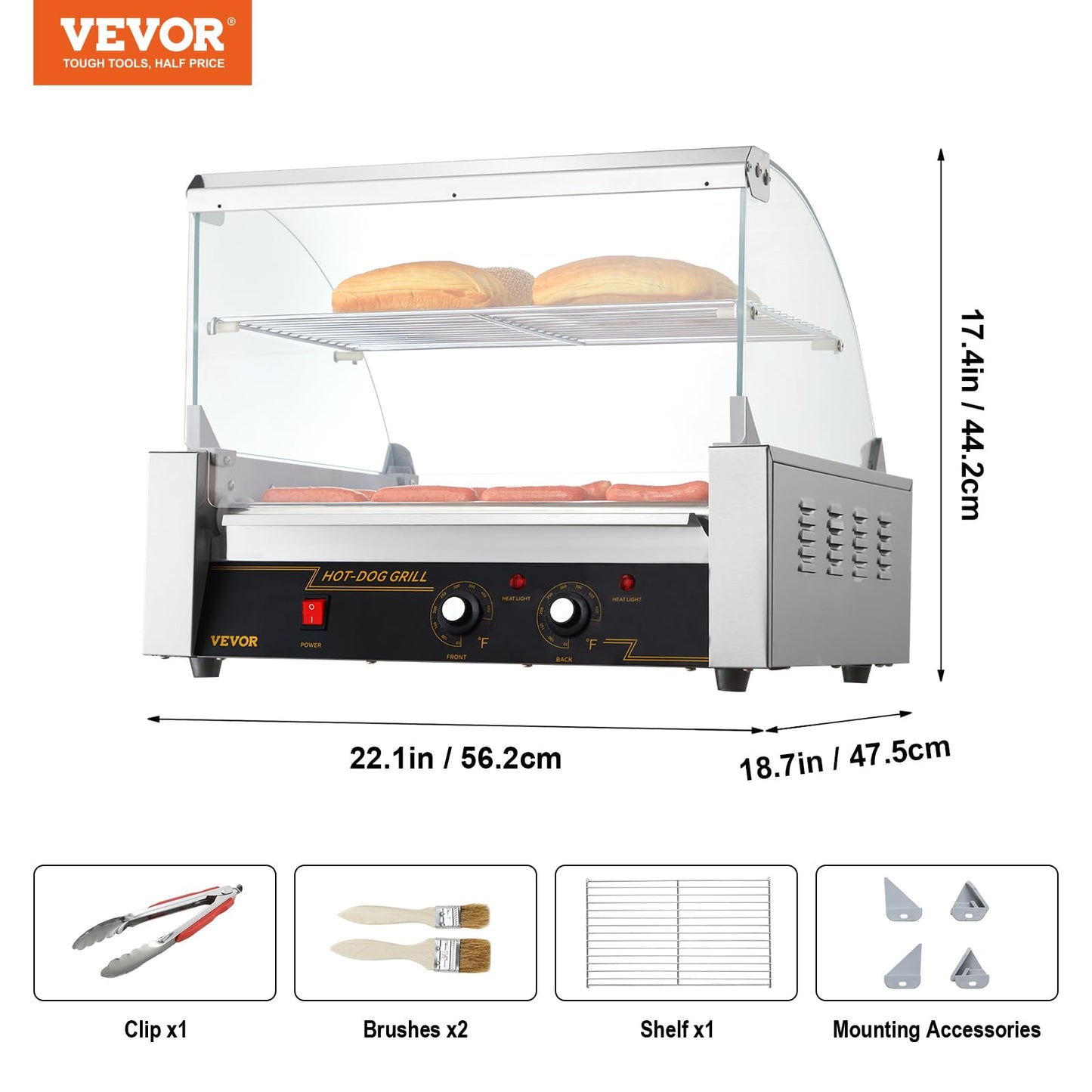 Happybuy Hot Dog Roller, 11 Rollers for 30 Hot Dogs, 1650W Stainless Sausage Grill with Dual Temp Control & Acrylic Cover