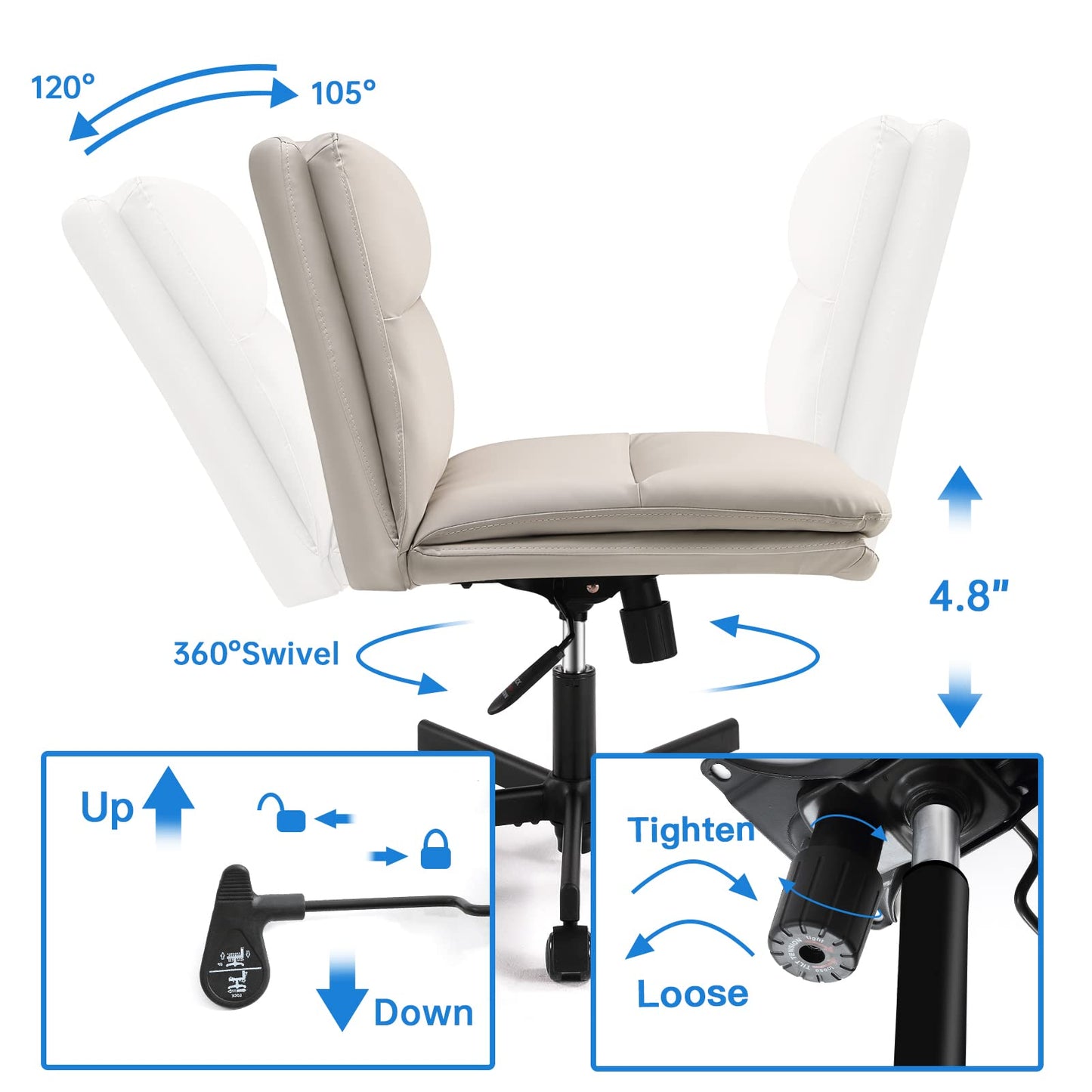 EMIAH Criss Cross Chair with Wheels Home Office Desk Chairs PU-Padded Vanity Chair Mid-Back Ergonomic Computer Chair Comfortable Adjustable Swivel Desk Chair Comfy