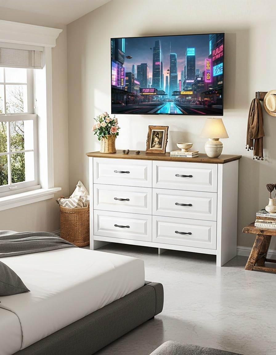 Marsail Farmhouse 6 Drawer Dresser, Wood Chest of Drawers with Natural Texture, Smooth Gliding Drawers, Versatile Storage Organizer Cabinet for Bedroom & Living Room, White and Brown