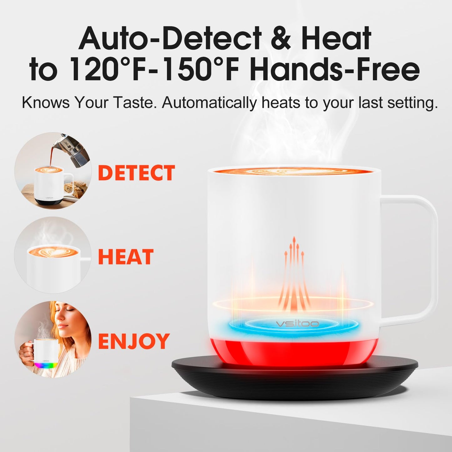 Vsitoo S6 Plus Smart Coffee Mug, 12oz,Temperature Controlled Mug & Electric Coffee Mug with Music Sync Lights，Auto-Sensing AI Heats Drinks to 120-150°F Hands-Free. Ideal for Home/Office/Gifts - White