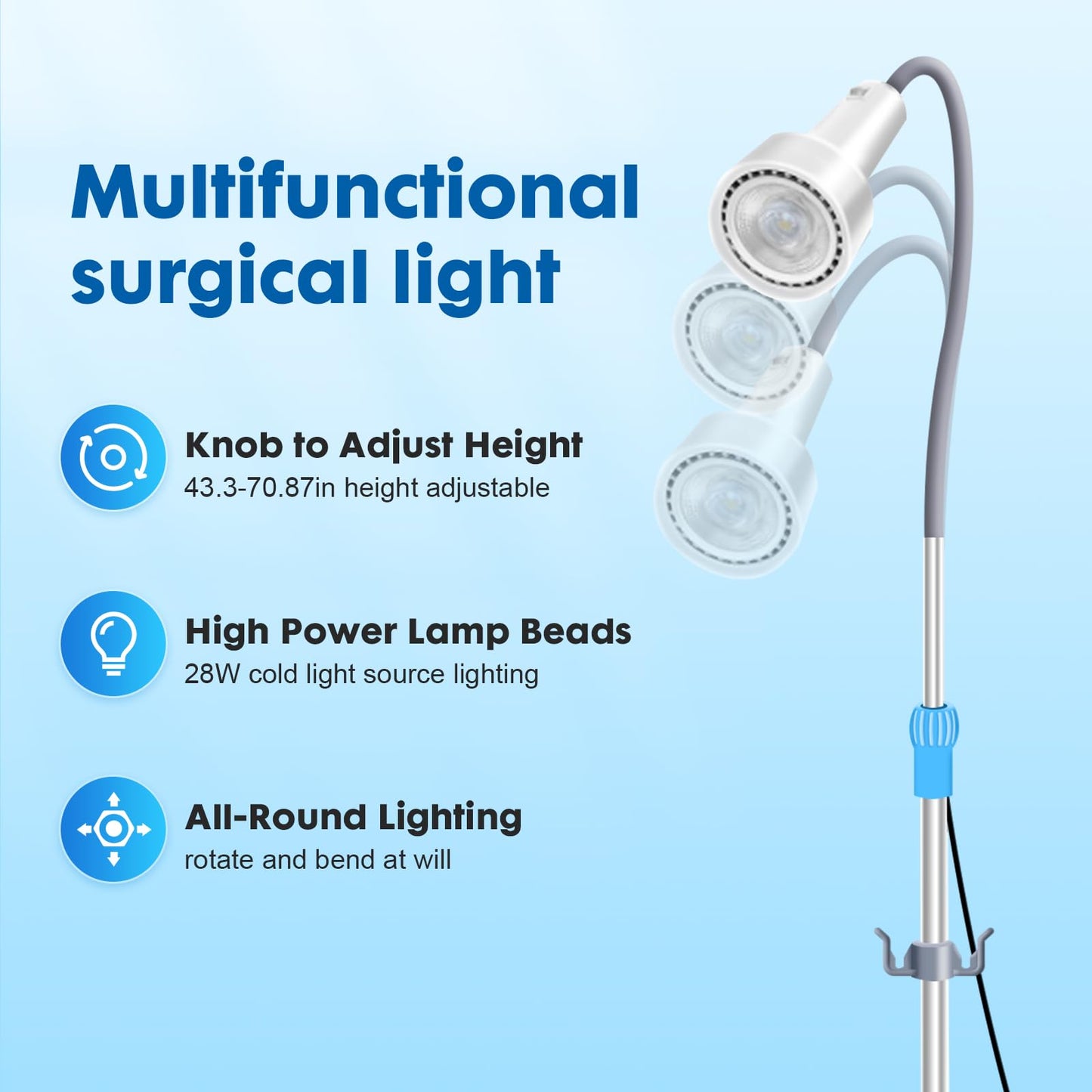GSOIGSDKF 28W LED Surgical Light Medical Exam Lamp 360° Adjustable Retractable & Stainless Steel Base, Mobile Dental-Oral/Gynaecology Cold Light Exam for ENT, Surgery, Clinical Examinations