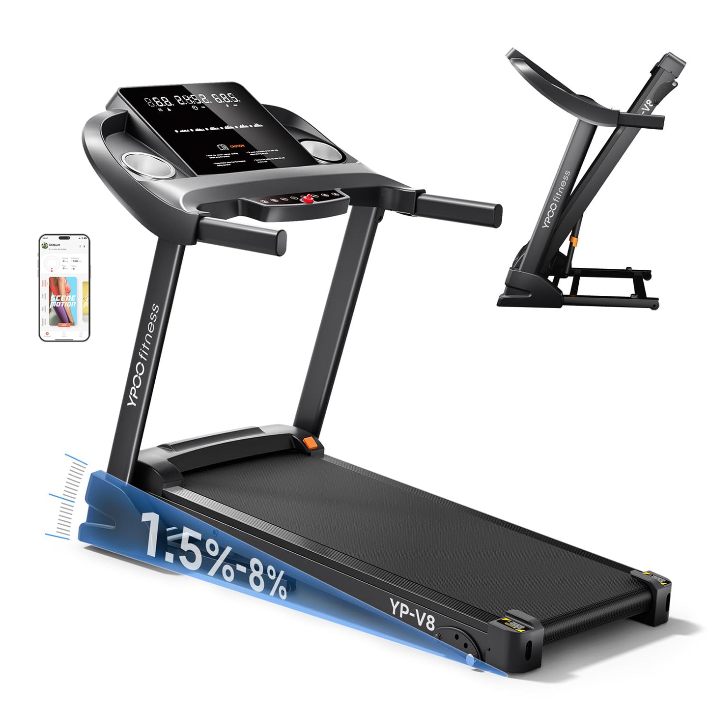 Treadmills for Home with Incline, Auto Foldable Running Treadmills, 8.0 MPH Walking Pad Treadmill with Bluetooth, 300 lbs Weight Capacity Quiet