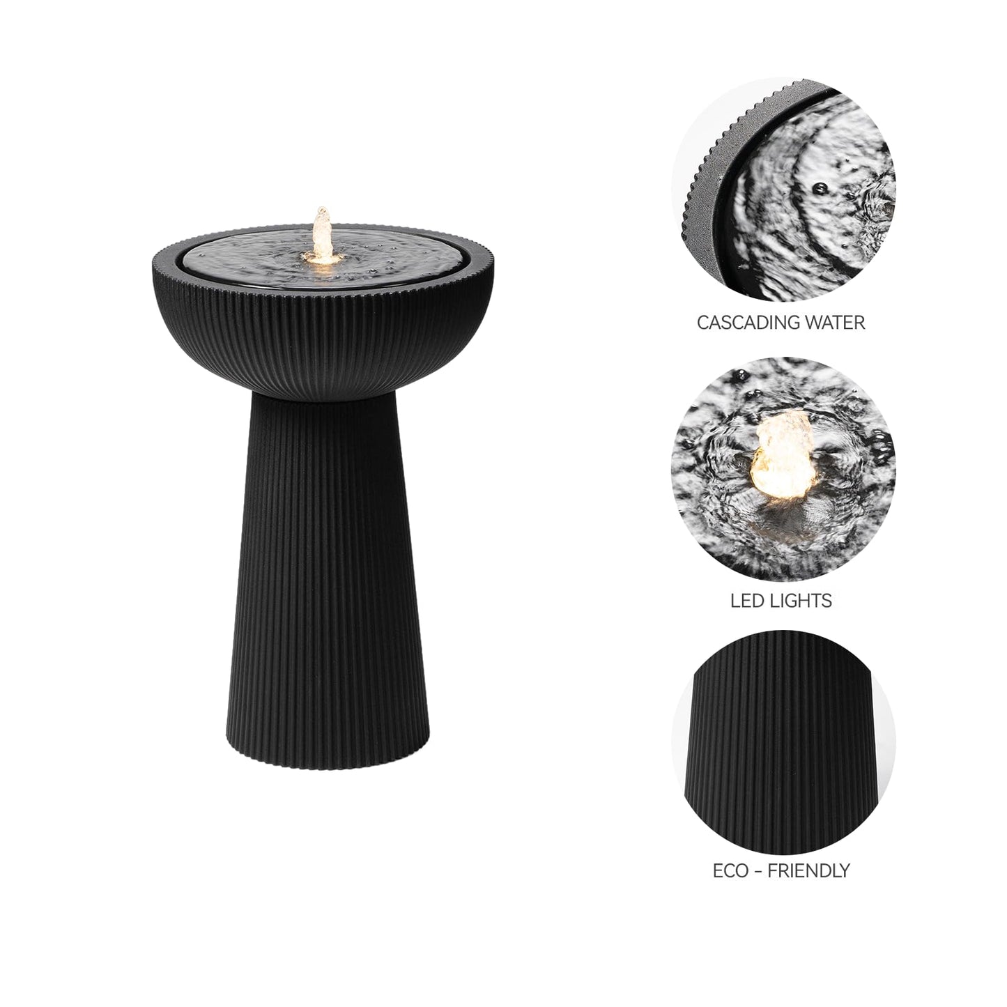 Puulye 23.23" H Outdoor Water Fountain Made with Eco-Friendly Recyclable Materials, Polyethylene Bird Bath Bubbler Water Fountain Outdoor, Garden Decor with LED Light & Pump for Patio (Black)