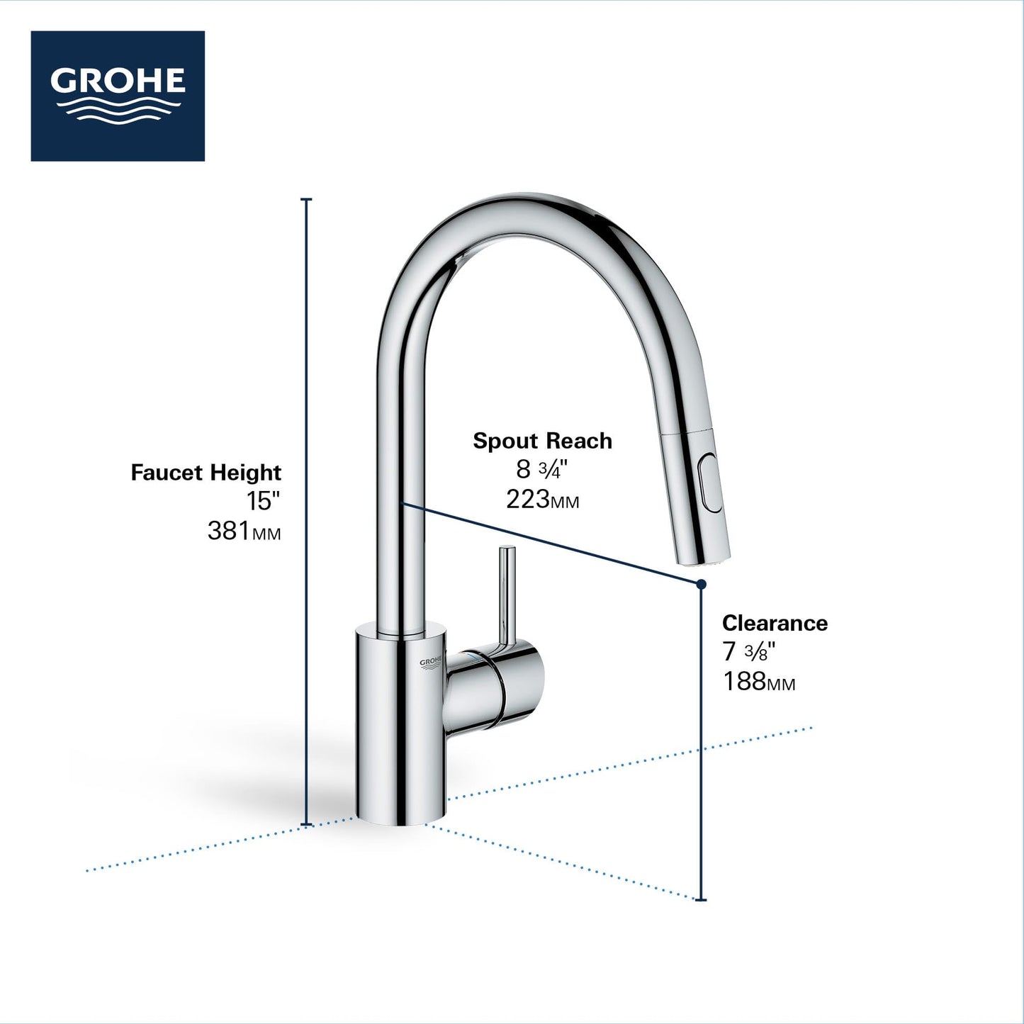 GROHE 32665003 Concetto Pull-Down Kitchen Faucet with Sprayer, 1.75 GPM, Chrome