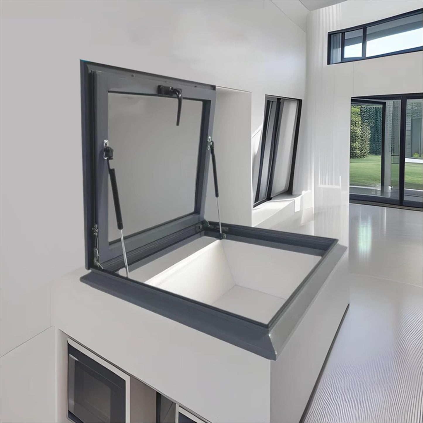 Skylight House Roof Window, Underground Lighting Well Window with Double Layer Tempered Glass, Flush Mount Roof Access Hatch Security Door, Venting Deck Viewing Window Cover for Sunroom (58cm/22.8in)