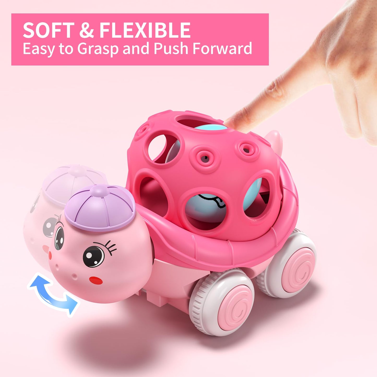 BeAndge Baby Girl Toys Gifts for 1 2 Year Old Girls, Pink Cars for Babies 6-12 12-18 Months, Push and Go Trucks for Toddlers, Soft Rattle Toys for One 1+ Infants First Birthday Easter Gifts