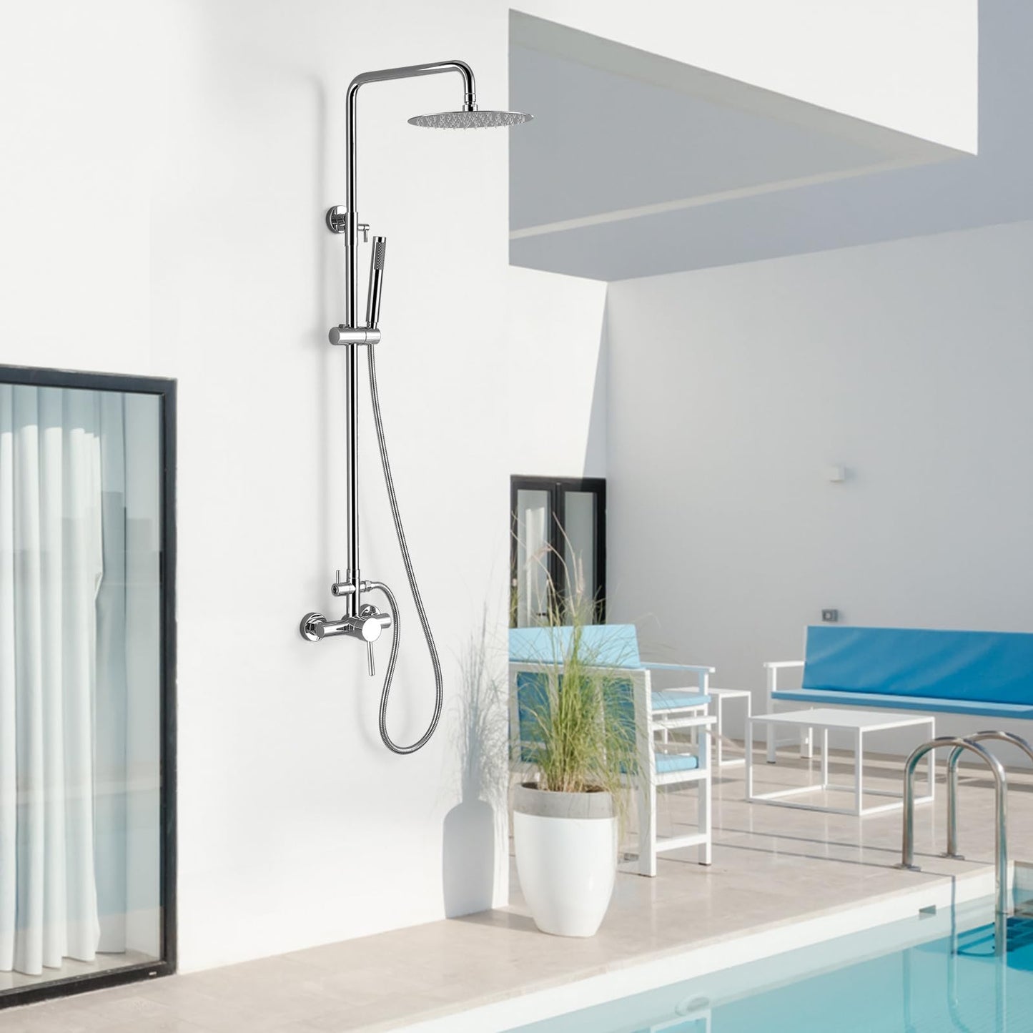 RBROHANT Outdoor Shower, Wall Mount Outdoor Shower Kit, Outside Shower Faucet with Height Adjustable Rain Shower and Handheld, Exposed Shower System for Pool, Wall Mounted, Polished Chrome, JK0146