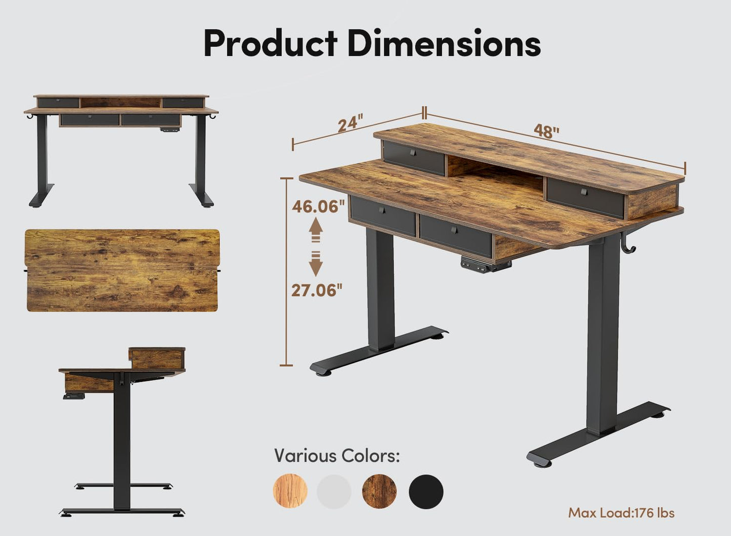 BANTI Height Adjustable Electric Standing Desk with 4 Drawers, 48 x 24 Inch Table with Storage Shelf, Sit Stand Desk, Rustic Brown Top