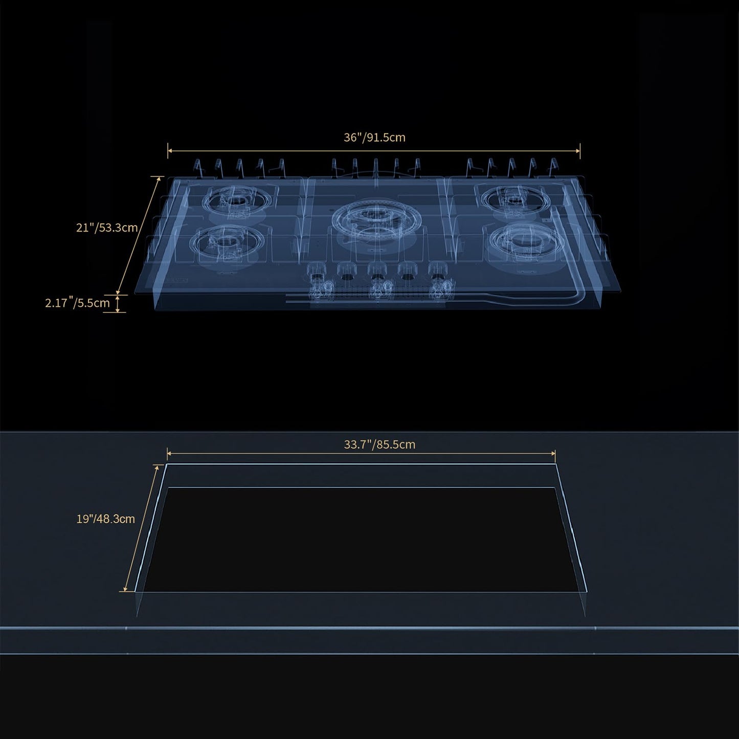 Empava 36" Gas Stove Cooktop NG/LPG Convertible with 5 Italy Sabaf Sealed Burners in Black Tempered Glass