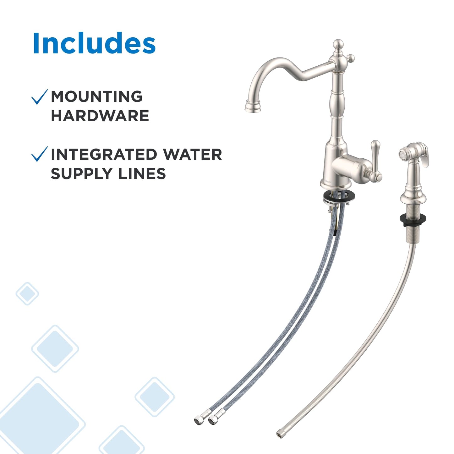 Gerber Opulence Kitchen Faucet with Side Spray - Farmhouse Style, Single Handle, Heavy-Duty Brass Construction, 2-Hole Installation in Stainless Steel, D401157SS