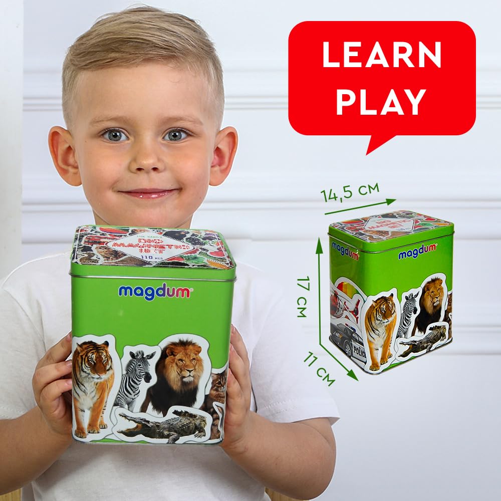 110 Fridge Magnet for Toddlers in Gift Tin Box Kids Magnets for Fridge - Realistic Magnetic Animals for Refrigerator - Safe Educational Materials for Baby: Zoo, Farm, Fruits, Vegetables, Transport