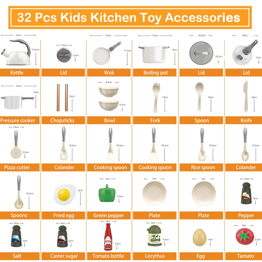 Bruvoalon 32Pcs Kids Play Kitchen Toys Set, Toddlers Pretend Cooking Playset Acccessories with Pots Pans, Utensils Cookware, Foods, Canned Veges, Learning Gift for Kids Girls Boys (White)