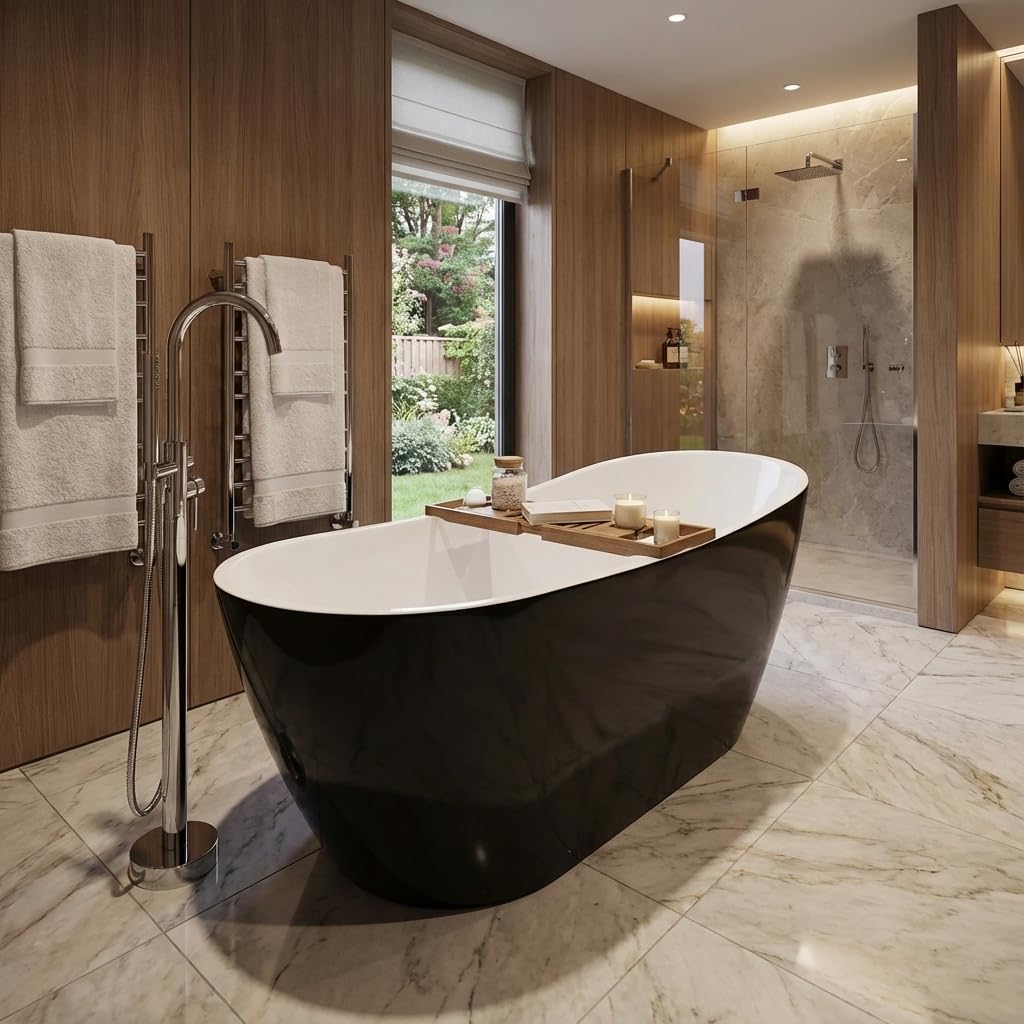 67" Freestanding Acrylic Bathtub, Deep Soaking Tub with Non-Slip Base & Chrome Drain, cUPC Certified, Easy Install, Space-Saving Bathtub, Modern Tub for Bathrooms, Black Upturned