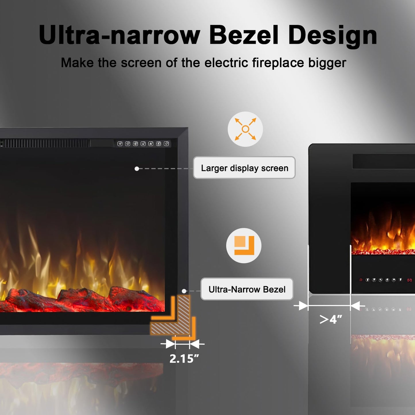 PRETZI 60" Electric Fireplace Ultra Narrow Aluminum Frame & Wide Screen, Electric Fireplace Inserts/Wall Mounted with Heater, Adjustable Flame Color and Brightness, Remote Control/Timer, 750/1500w