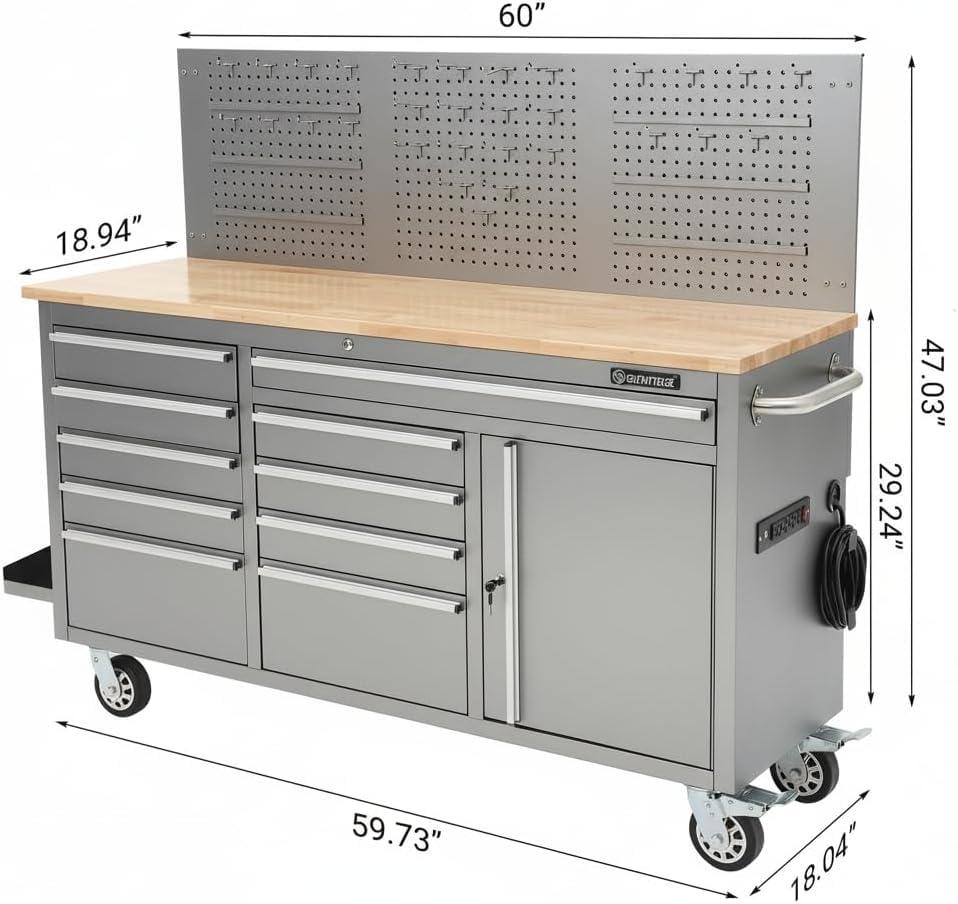 61 Inch Rolling Tool Chest, 10 Drawer Garage Tool Cabinet with Solid Rubber Wood Top, Heavy Duty Mobile Workbench with Power Strip, Lockable Steel Storage Organizer for Workshop and Home, Silver