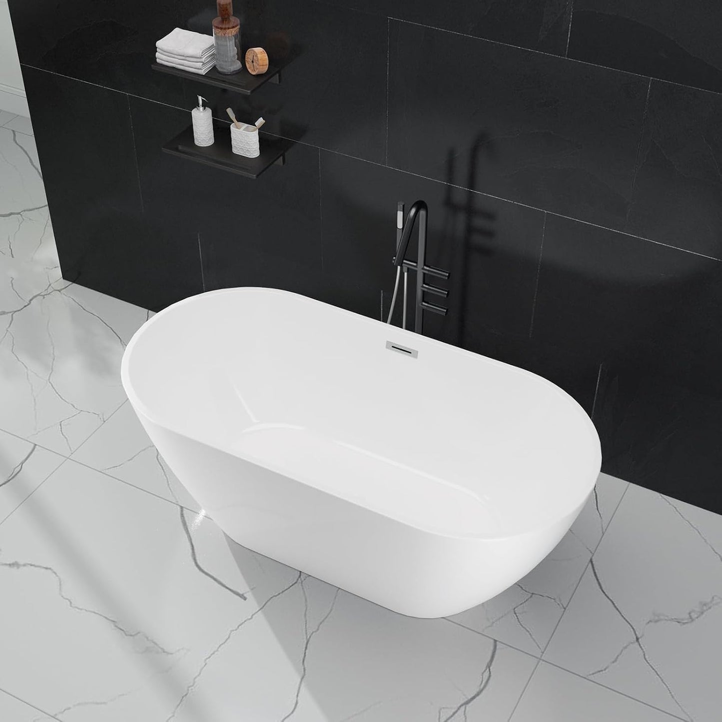 Freestanding Bathtub 59 Inch, Oval Acrylic Stand Alone Tub with Chrome Drain, Modern White Soaking Tub for Bathroom Renovation, Ergonomic Design for Family or Guest Bathroom