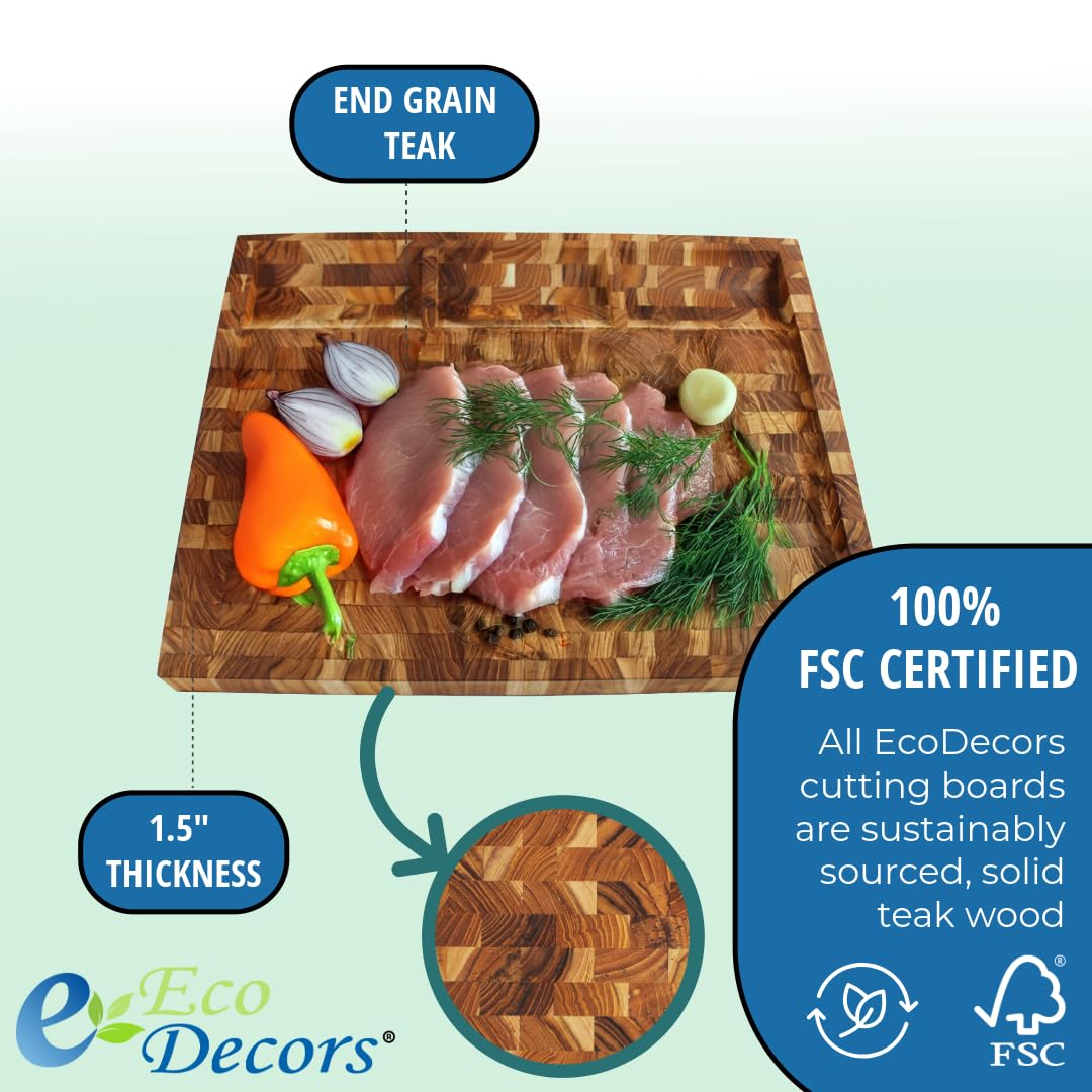 EcoDecors FSC Certified Solid Teak Wood Cutting Board 24x18, Large End Grain Butcher Block with Juice Groove, Side Handles, Charcuterie Slots, Reversible