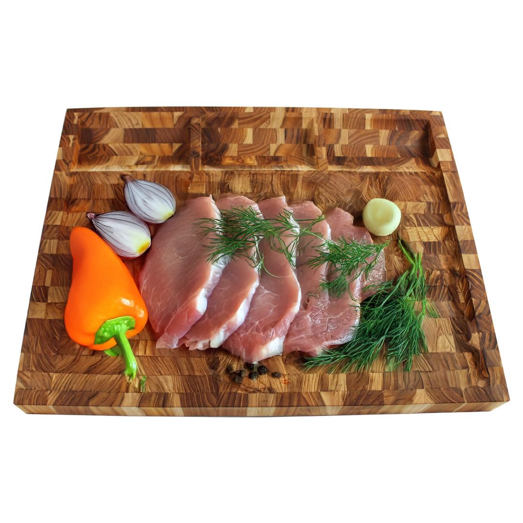 EcoDecors FSC Certified Solid Teak Wood Cutting Board 24x18, Large End Grain Butcher Block with Juice Groove, Side Handles, Charcuterie Slots, Reversible