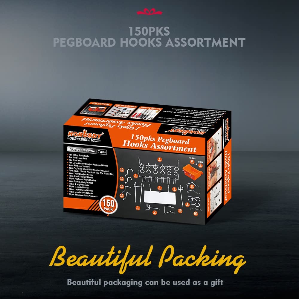 HORUSDY 150-Piece Pegboard Hooks Assortment, Pegboard Accessories with Pegboard Bins for Organizing Various Tools