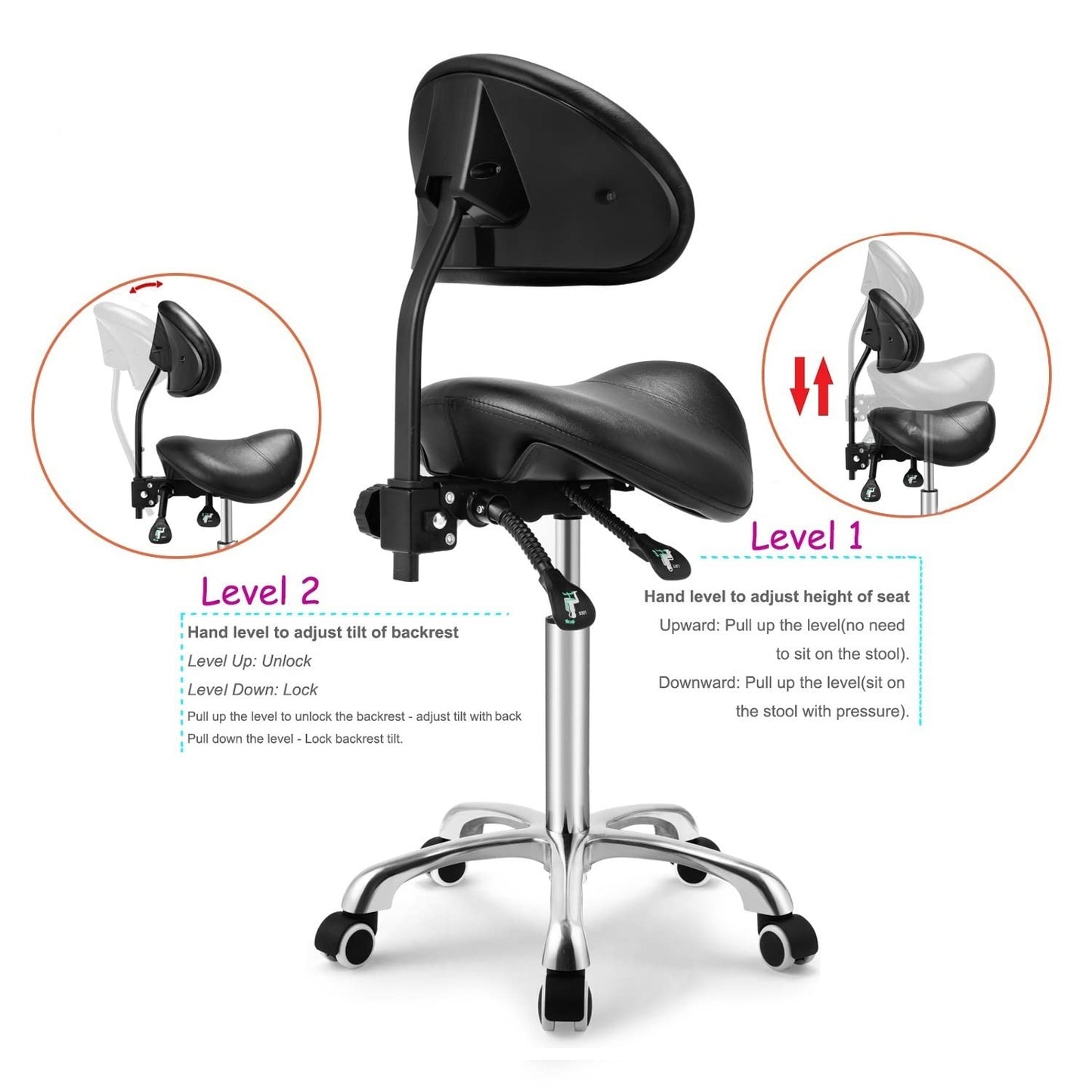 Kaleurrier Saddle Stool Rolling Swivel Height Adjustable with Wheels,Heavy Duty Anti-Fatigue Ergonomic Saddle Chair for Hair Beauty Salon Lab Dental Massage Office Home Kitchen(with Back, Black)