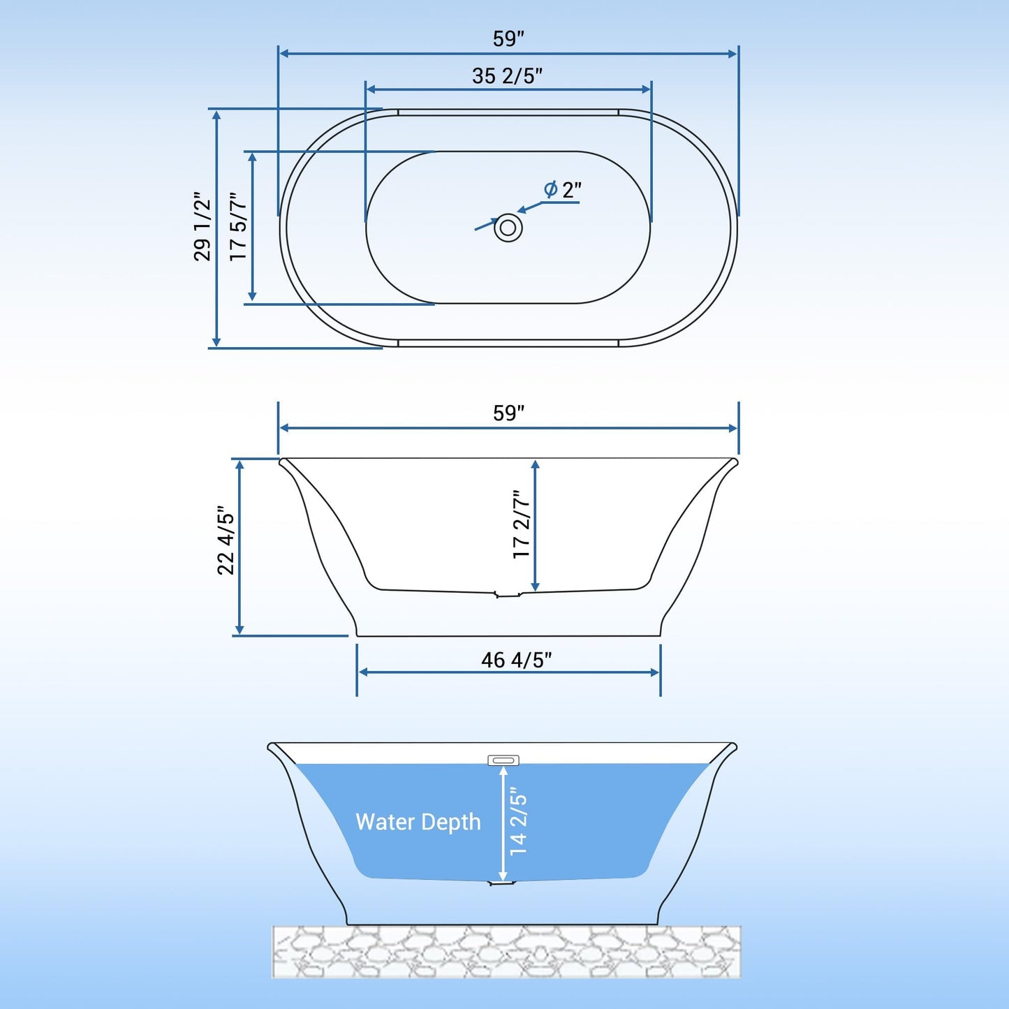 Acrylic Freestanding Bathtub, Stand Alone Tub Bathtubs, Deep Acrylic Soaking, Modern Upright Bathtub with Matte Drain and Black Overflow, Durable Double Wall, Freestanding for Bathroom, 59Inch