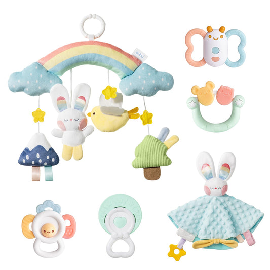 auby Cozy Bunny Newborn Gift Set - 6-in-1 Baby Soothing Essentials with Teethers, Plush Blanket & Hanging Toys for Crib,Stroller,Sensory Development,Machine Washable