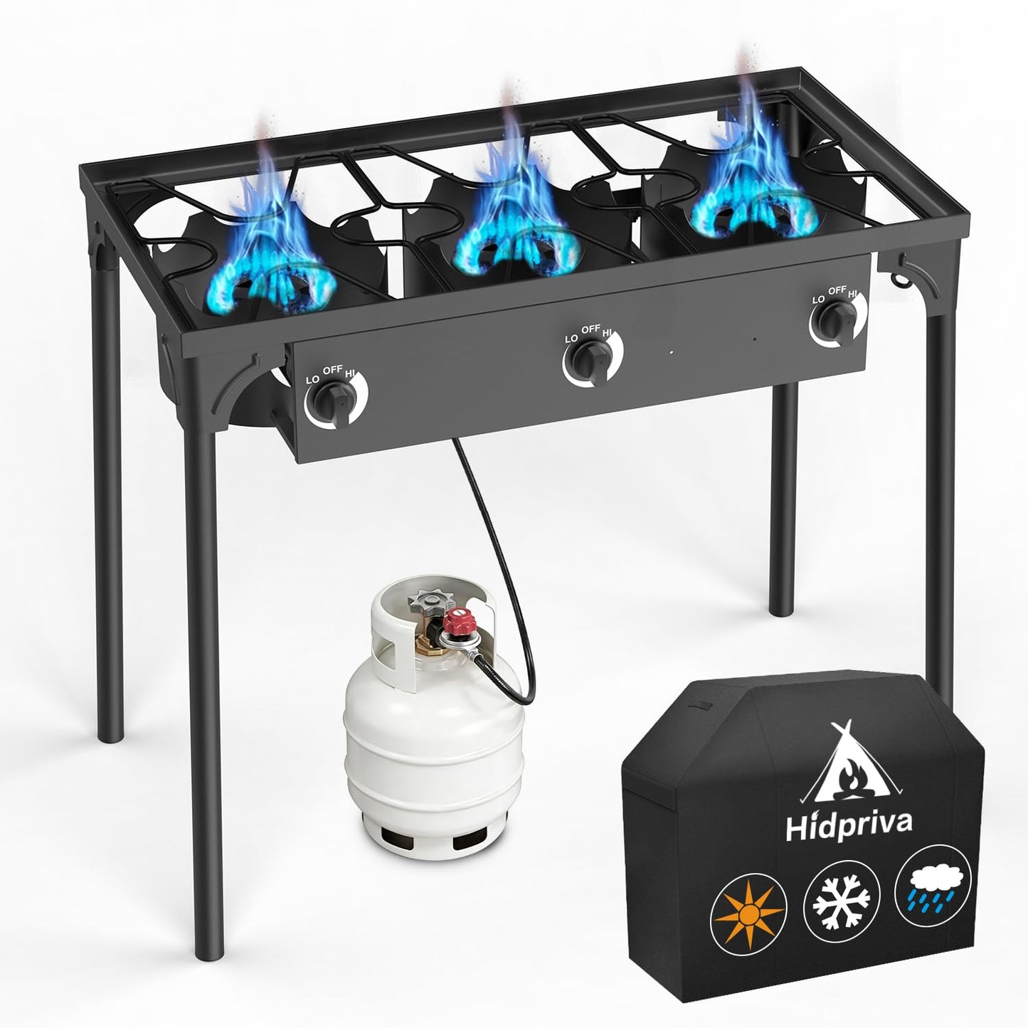 3 Burner Propane Gas Stove with Dustproof Cover & 20PSIG Regulator, Camp Stoves, 225,000 BTU High Pressure Burner for for Backyard Cooking Camping Home Brewing