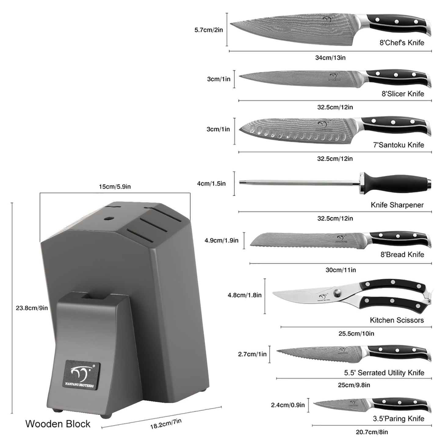Damascus Kitchen Knife Set with Block, 9-Piece 67-Layer VG10 Damascus Steel Knife Set with Triple-Rivet Handles, Chef, Santoku, Utility, Bread & Paring Knives, Sharpener, Shears, Grey