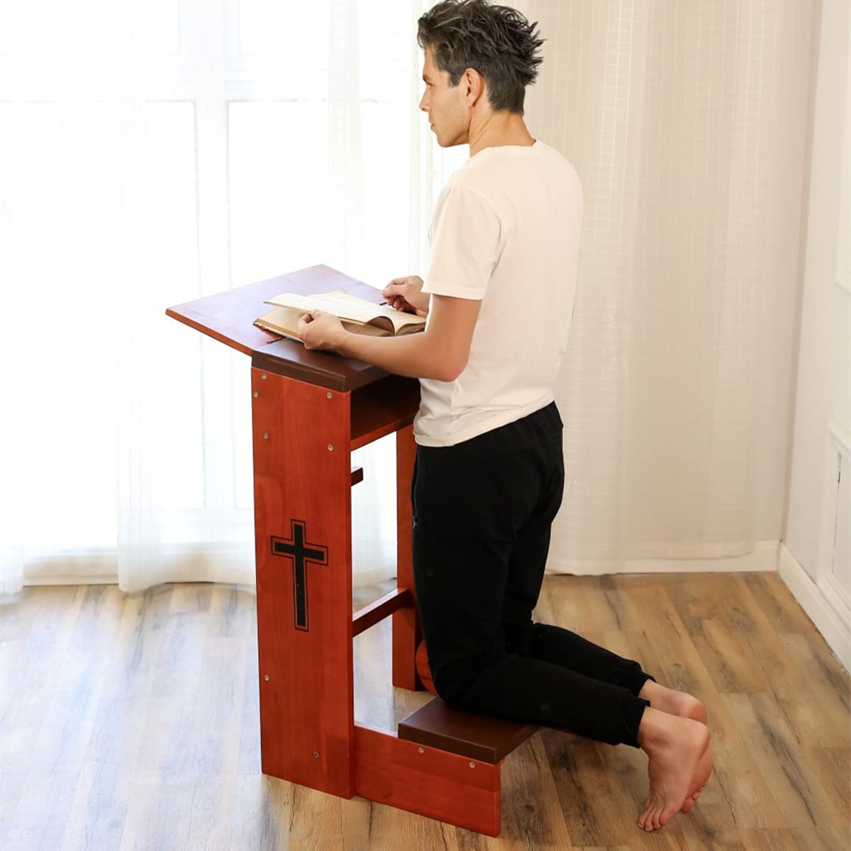 Volowoo Prayer Bench Stool,Solid Wood Prayer Kneeler with Bench and Folding Table Top in Home,Church Prayer Table Chair Padded Kneeler Shelf for Kneeling at Home,Religious Gifts