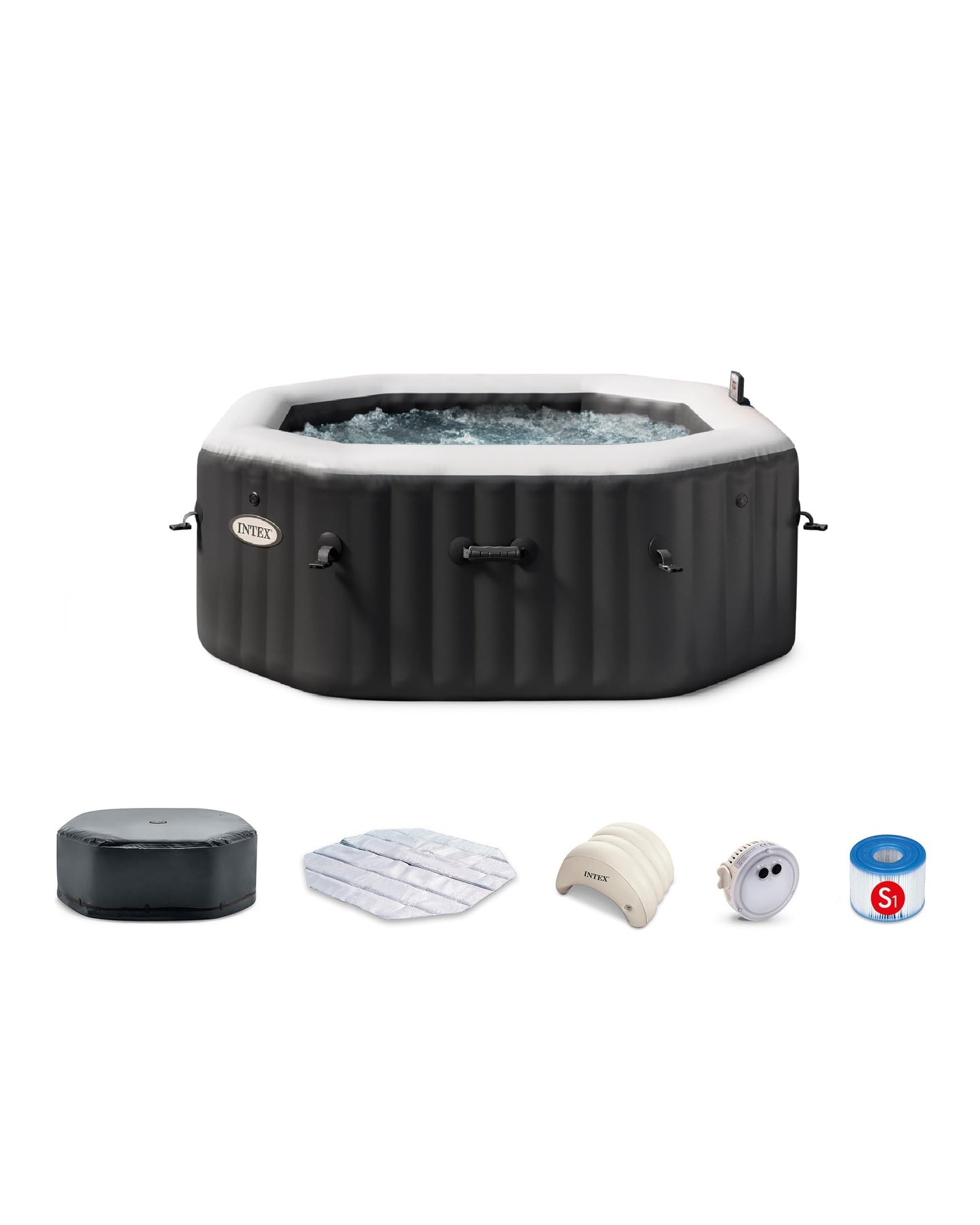 Intex 28457EP 4-Person Onyx Black Octagon Jet & Bubble Deluxe Combo Outdoor Inflatable Portable Hot Tub, Includes Energy Efficient Spa Cover, 63in x 28in