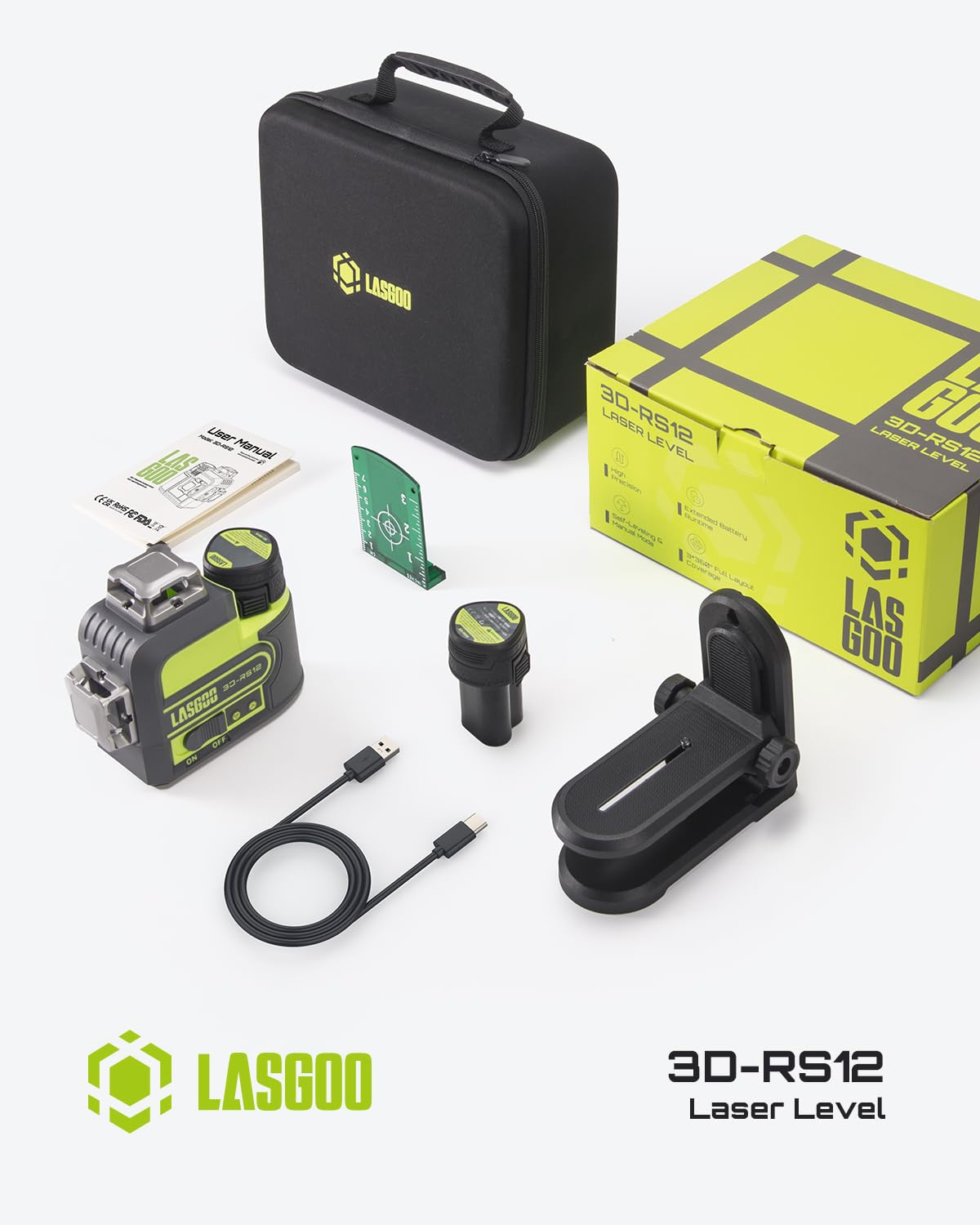 3D-RS12 Laser Level 3x360° Green Beam for Construction and Picture Hanging, Self-Leveling 3D Laser with 2 Rechargeable 11.1V Batteries (24 Hrs), Magnetic Liftable Stand, Type-C Cable