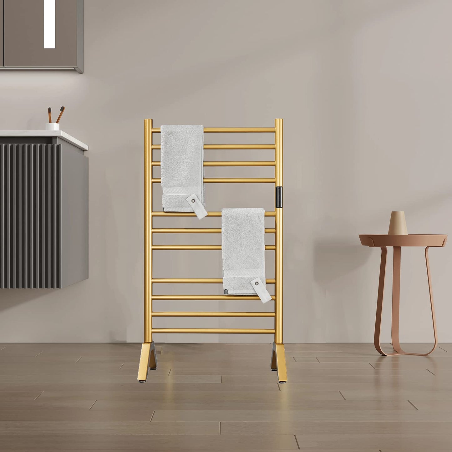 XMGJ Electric Towel Warmers Radiator with Timer Gold, 140W Wall-Mounted & Freestanding Heated Towel Drying Rack with 11 Bars, 304 Stainless Steel Heated Towel Rail for Bathroom, Plug-in