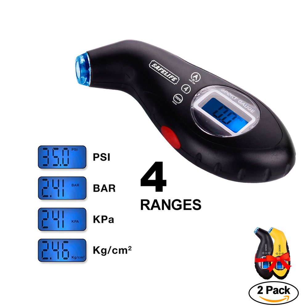SAFELIFE Digital Tire Pressure Gauge 150 PSI 4 Settings with Backlit LCD and Non-Slip Grip (2package)