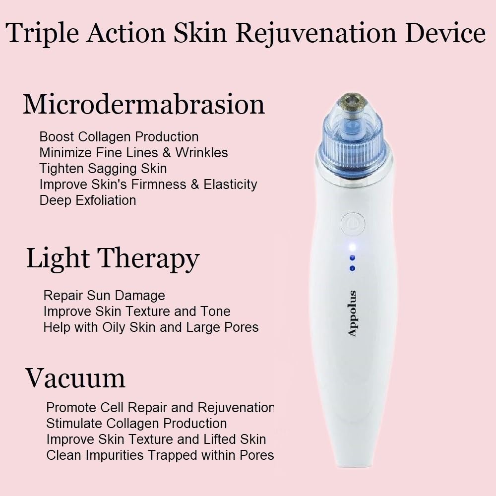 Appolus 3-in-1 Diamond Microdermabrasion Machine - Vacuum & Light Therapy Tool - Anti-Aging Device for Face & Neck - Skin Tightening - Wrinkle Reducing - Jawline Definition