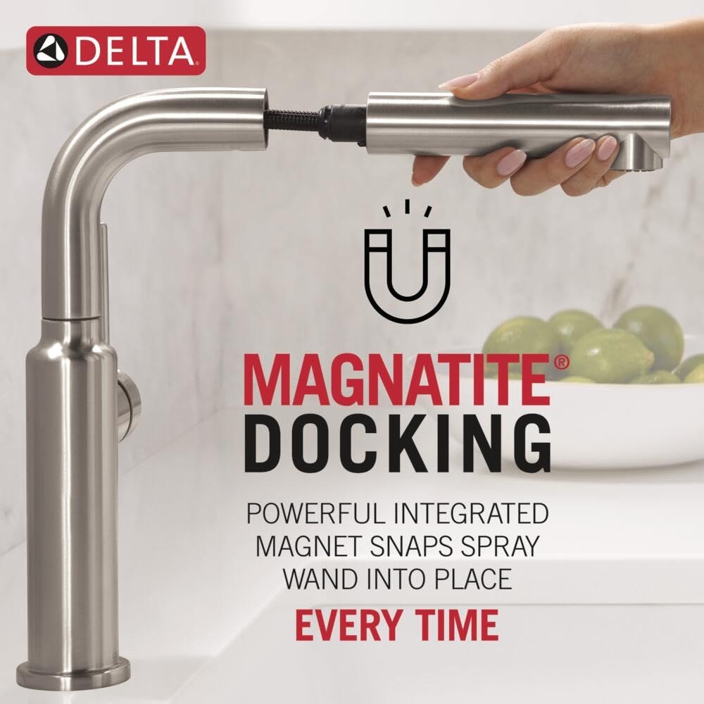 Delta Faucet Trinsic Pull Out Kitchen Faucet, Brushed Nickel Kitchen Sink Faucet, Kitchen Faucet with Pull Out Sprayer, Diamond Seal Technology, Arctic Stainless 4159-AR-DST