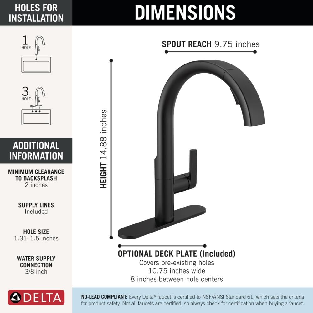 Delta Keele Matte Black Kitchen Faucet with Pull Down Sprayer, Modern Single Hole Kitchen Sink Faucet, Single Handle, Matte Black 19824LF-BL