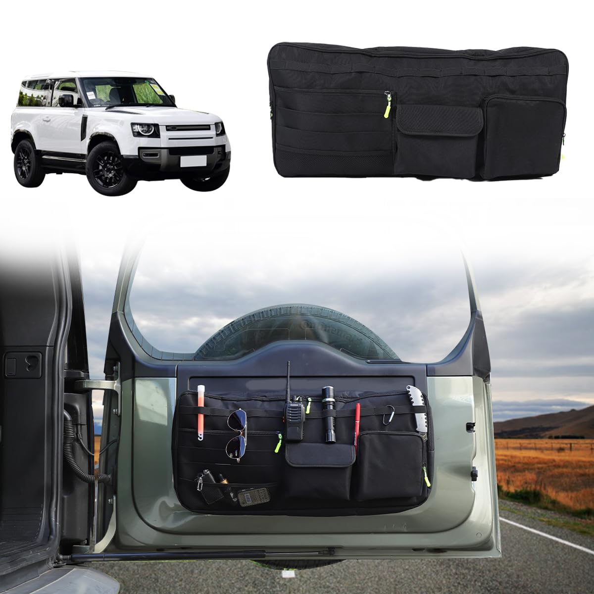 Car Tailgate Storage Bag Compatible with Land Rover Defender 90 110 130 2020-2025 Back Door Panel Storage Pockets Box Multi-Compartment Oxford Cloth,Rear Door Tool Kit Organizer Storage Pockets