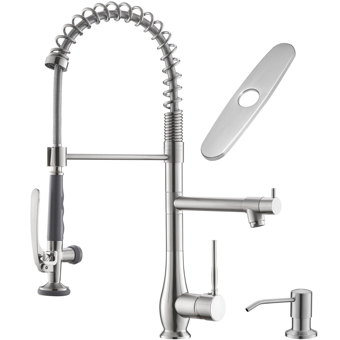GIMILI Commercial Kitchen Faucet with Pull Down Sprayer, Double Headed Single Handle High Pressure Kitchen Faucet with Soap Dispenser Brushed Nickel